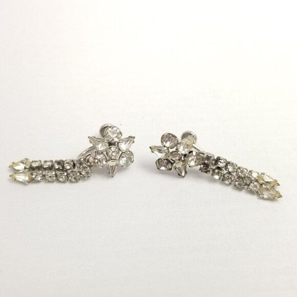 Vintage Phyllis Sterling Silver Rhinestone Dangle Clip On Screw Back Earrings - Picture 1 of 6